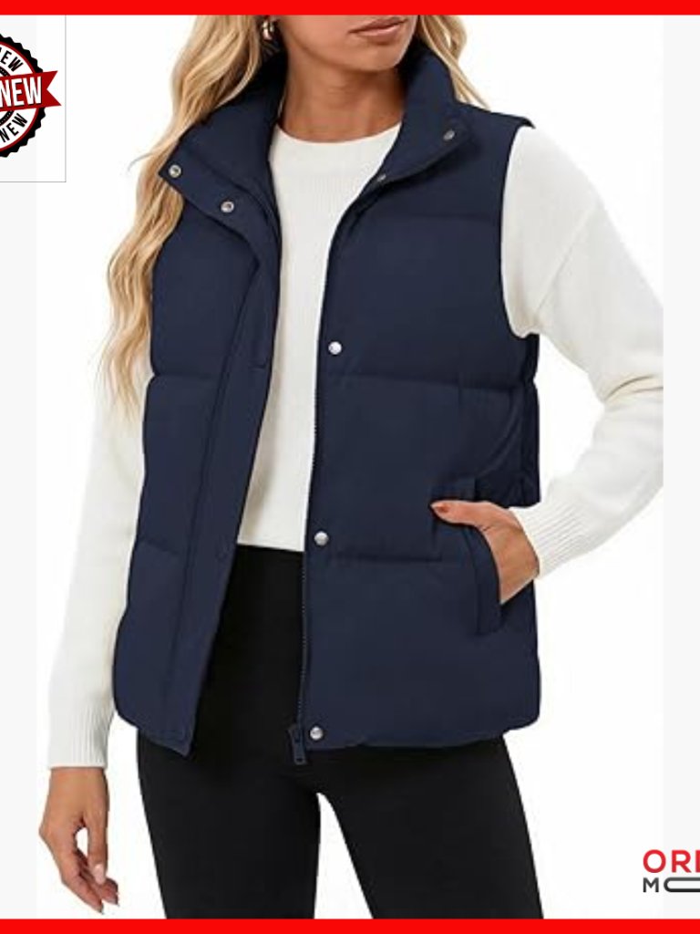 Women's Puffer Down Vest Zip Up Stand Collar Quilted Winter Vest With Pockets